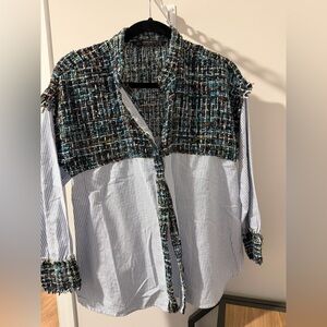 Zara Women’s Medium Tweed Blue Button Down Shirt Top